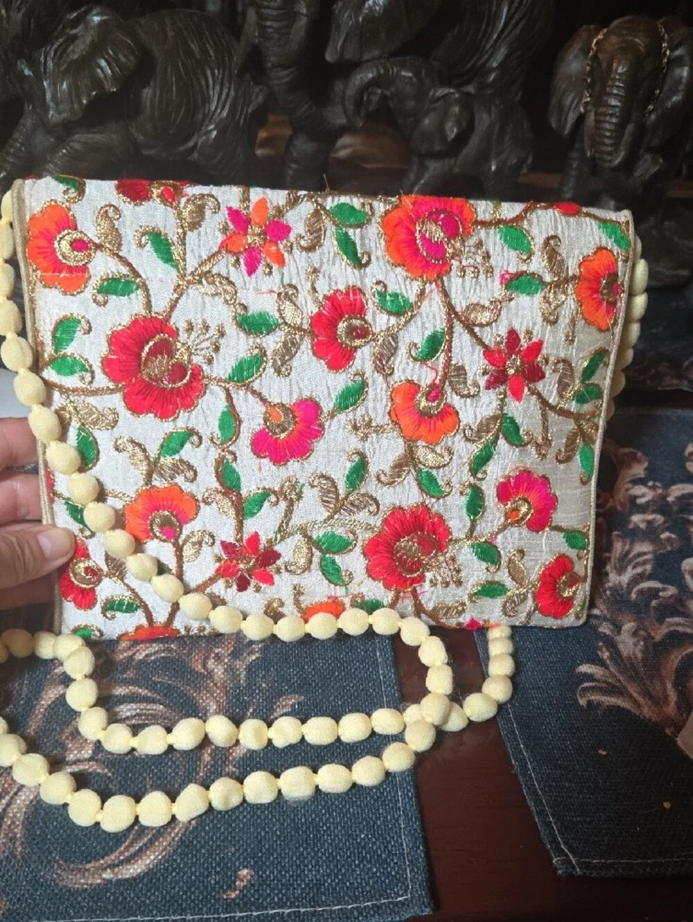 Embroidered Silk Brocade Floral Envelope Clutch - Cord Trim And iGold Lining.